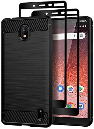Teayoha Case for Nokia 1 Plus 2019, with Tempered Glass Screen Protector [2 Pack], Carbon Fiber Scratch Resistant, Shock Absorption Soft TPU Drawing Protective Cases Cover - Black
