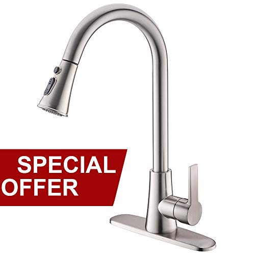 VALISY Lead-Free Commercial Stainless Steel High-Arch Brushed Nickel Single Handle Pull Down Sprayer Kitchen Sink Faucets, Kitchen Faucet with Deck Plate