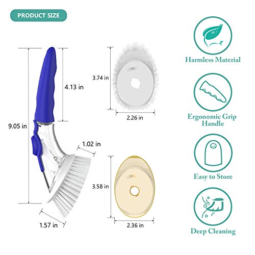 Soap Dispensing Dish Brush, Tearcam Kitchen Dish Cleaning Brush Pot Scrubber Cleaner with Non-slip Handle, Extra 2 Sponge Brush Heads