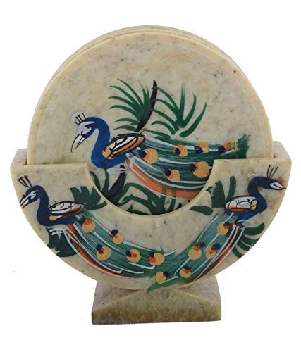 Somnath Traders Peacock Designer Coasters for Drinks-Hot & Cold/Carved Marble Coaster Sets with Holder/Dining, Tea & Coffee Table Decorative Cocktail Coasters