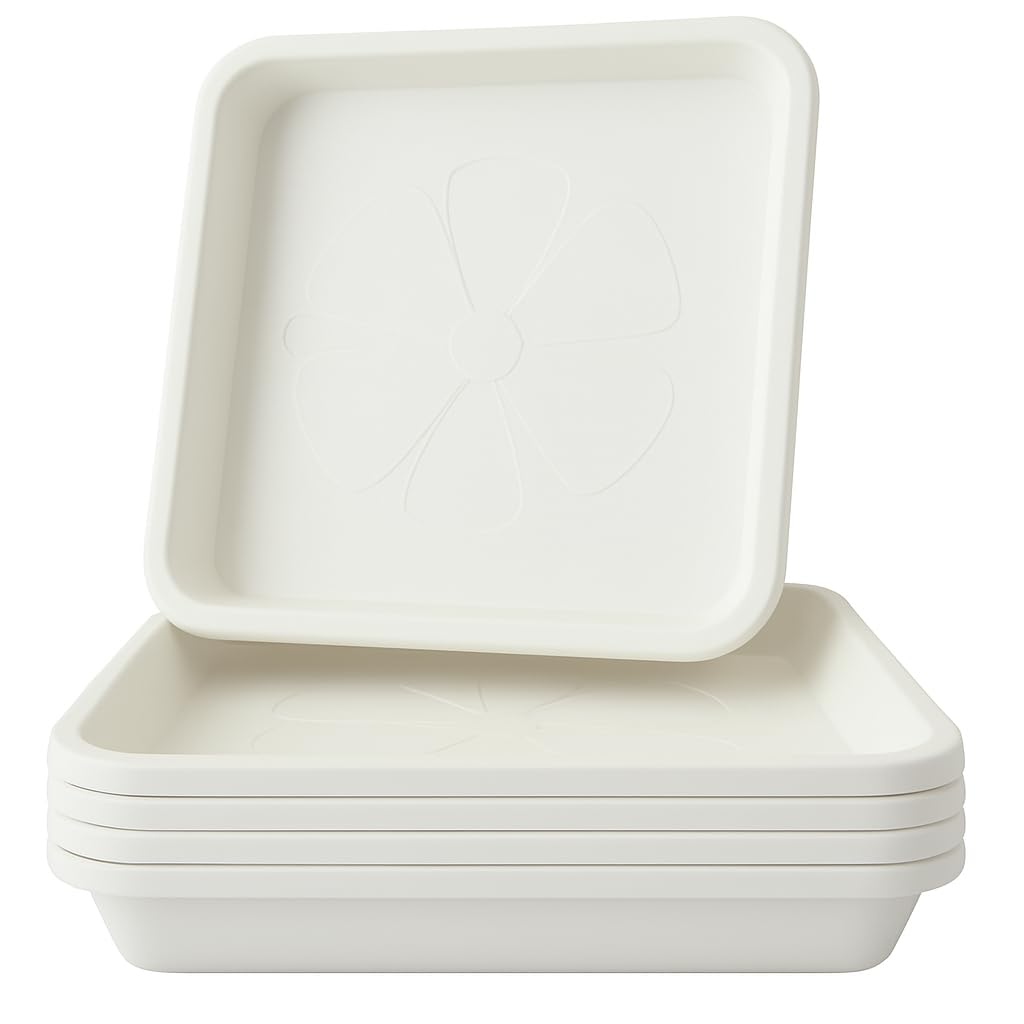Home Garden Ornaments Square Plant Pot Saucers, Drip Tray – Set of 5 Plastic Garden Pots Trays for Outdoor and Indoor Plant (White, 19cm)