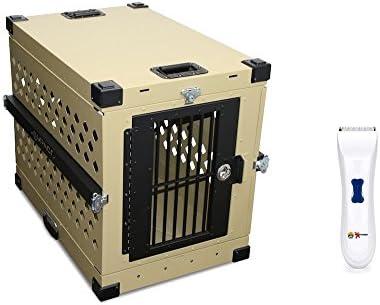 Collapsible Dog Crate Khaki - Large - IATA 82 Airline Compliant - Powder Coated Aluminum Folding Dog Travel Crate with Handles and Rails and eXtreme Dog Grooming Clippers Bundle