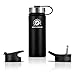 Stainless Steel Water Bottle & Thermos: 18 Oz. Double Walled Vacuum Insulated Wide Mouth Travel Tumbler, Reusable BPA Free Twist Lid Bottles for Hot or Cold Liquid: Bonus Flip & Straw Lids - Black
