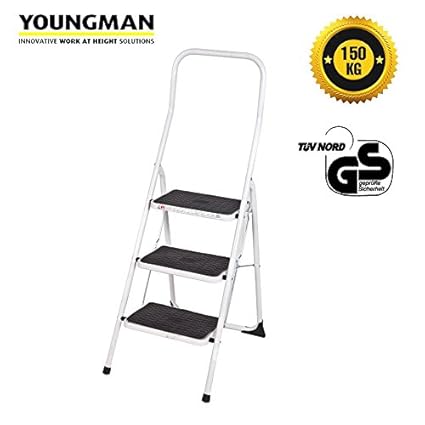 Youngman 3 Step Stool Milano Heavy Folding Black Ladder with Wide Steps (4.6Ft) Ladder 5 Year Warranty (150Kg Capacity)