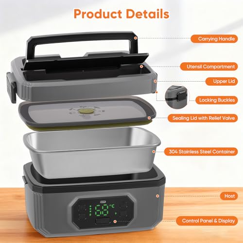 Niktulo Cordless Electric Lunch Box, 24000mAh Self-Heating Food Warmer with 1.2L Airtight Container, Rechargeable Portable Lunch Box