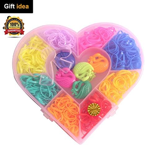 DIY Rainbow Loom Bands Elastic Hair Ties Rubber Hair Bands Set Butterfly Heart Mermaid Violin Shaped Storage for Baby Girls Kids Party Festival Around 400-500 Count (Heart)