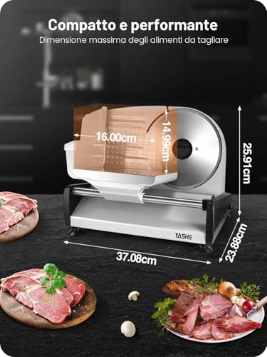 YASHE Electric Slicer, 250W Bread Slicer with 7.5" Serrated and Smooth Blades, Adjustable Thickness (0-15mm), Safety Lock, Non-Slip Feet, Easy to Clean