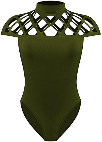 Laipelar Women Sexy Hollow Out Short Sleeve Tight Strech Bodysuit Green L