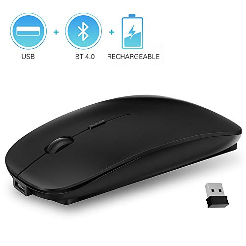 QIJIAYI 2.4GHz Wireless Bluetooth Mouse, Dual Mode Slim Rechargeable Wireless Mouse Silent USB Mice, 3 Adjustable DPI,Compatible for Laptop Windows MacBook Android MAC PC Computer (Black)