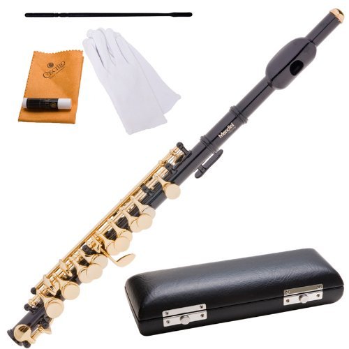 Mendini MPO-BN Black Nickel Key of C Piccolo with Gold Keys + Case, Joint Grease, Cleaning Cloth & Rod, Gloves