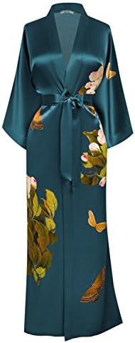 SUMI Women's Washable Silk Kimono Robe Long - Floral Print (Peony &amp; Butterfly- Vintage Teal)
