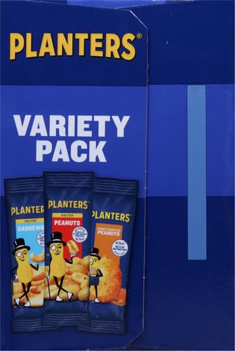 PLANTERS VARIETY PACKS (SALTED CASHEWS, SALTED PEANUTS & HONEY ROASTED PEANUTS), 24 PACKS – INDIVIDUAL BAGS OF ON-THE-GO NUT SNACKS – NO CHOLESTEROL OR TRANS FATS – SOURCE OF FIBER AND HEALTHY FATS