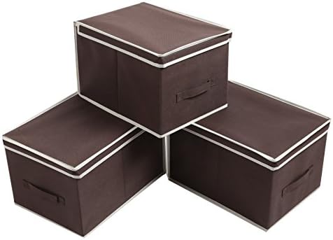 Finnhomy Large Foldable Storage Cube with Lid Basket Bin Container Set of 3, Dark Brown Chocolate