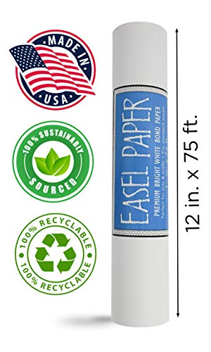 White Art Easel Paper Roll (12 Inch by 75 Feet) 100 Percent Recyclable Non-Yellowing Arts and Crafts Bond Paper for Paper Tablecloths, Bulletin Board Backing and Wall-Mount Note Stations