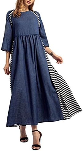 Connia Women's Dress, Striped Denim Long Dress Islamic Muslim Middle East Maxi Robe Straight Dresses