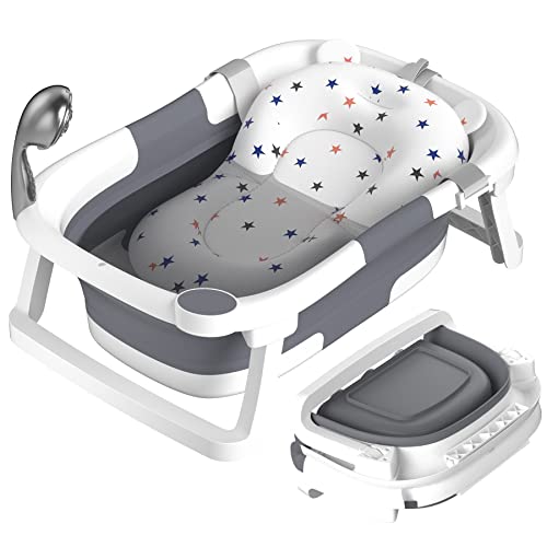 Rabb 1st Baby Bath Tub Foldable,Portable Bath Newborn to Toddler with Non-Slip Mat,Drain Hole,No Thermometer,Grey