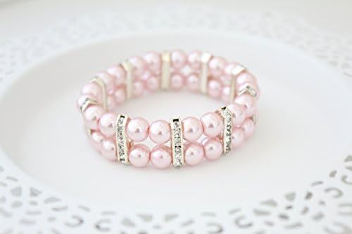 Soft Light Pink Glass Pearl Silver Rhinestone Cuff Bracelet for Women - 7"