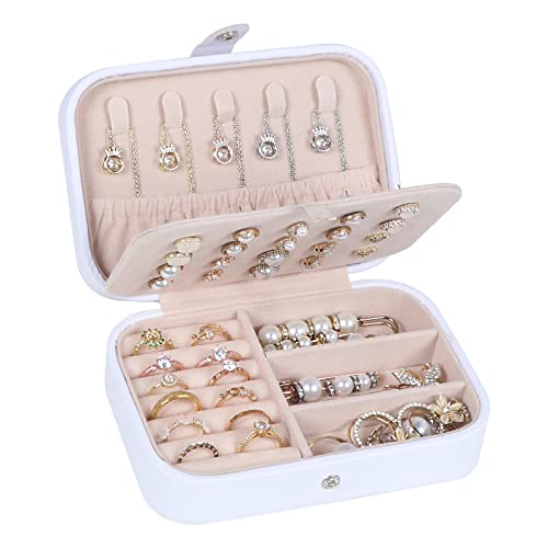 Travel Jewelry Box, PU Leather Small Jewelry Organizer for Women Girls, Portable Mini Travel Case Display Storage Holder Boxes for Stud Earrings, Rings, Necklaces, Bracelets (White Beige)