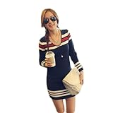 Navy Style Stripes Ladies Women Knitted Warm Long Sleeve V Neck Tops Mini Dress