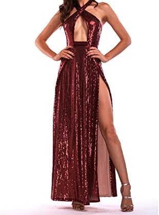 New Sequin Halter Sexy Halter Women Long Dress,red,L
