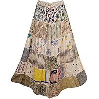 Womens Maxi Skirt Beige Gypsy Tiered Patchwork Rayon Vintage Retro S/M