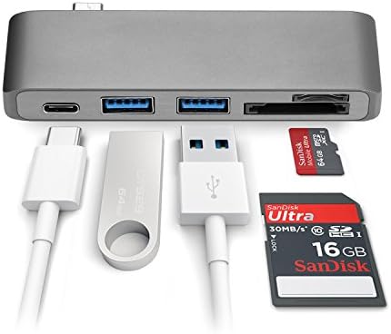 USB C HUB, Bliplus USB 3.0 5 in 1 Combo Hub for MacBook, Aluminum Multi-Port Type C Adapter with USB-C Charging Port, Type-C Pass Through, 2 USB 3.0 Ports, SD/Micro Card Reader(space grey)