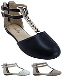 Enimay Women's Ankle T-Strap Flats Girls Gladiator Sandals Zipper Metal Buckle