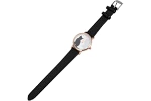 AKOOSY Cartoon Cat Quartz Wrist Watch for Girls Black Faux Leather Strap Cute Children’s Watch for Everyday Wear