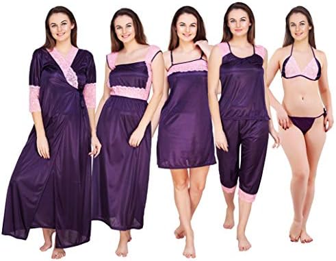 House Of Sensations Purple Ladies Satin Women Combo Nighty for Women (Pack of Seven)(Free Credit Card Worth of Rs 299)