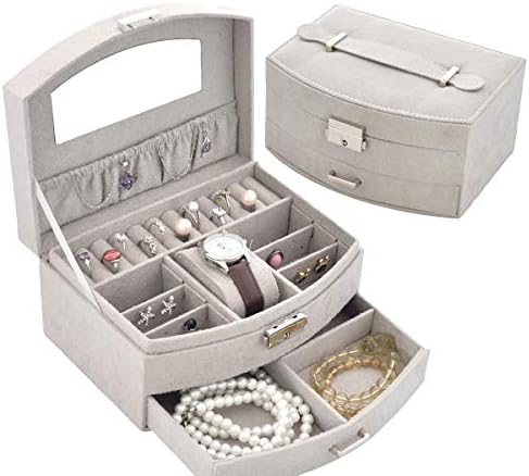 Jewelry Box Simple Flannel Double-Layer Lock High-End Jewelry Hand Jewelry Storage Box,Gray