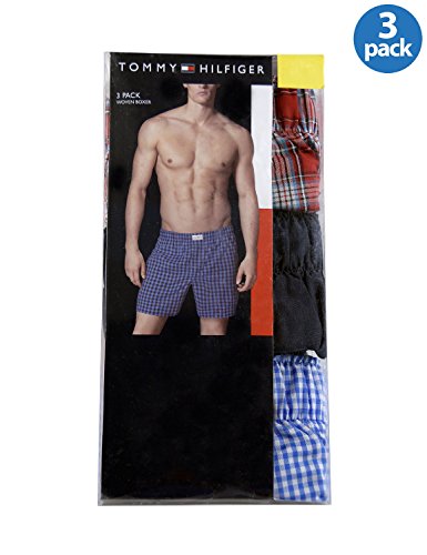 Tommy Hilfiger Mens 3-Pack Woven Boxer (Small, Red Navy Blue)