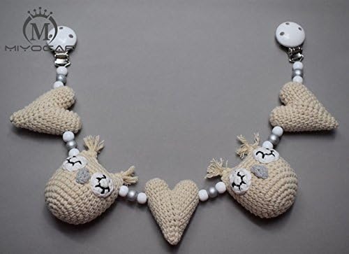 MIYOCAR handmade wood clip cearm Crochet heart and owl stroller toy chain for pram stroller mobile rattle wooden bead crochet
