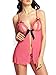 Amoretu Womens 2 Piece Peek-a-boo Babydoll Lingerie and Crotchless Thong Set (Pink, One Size)