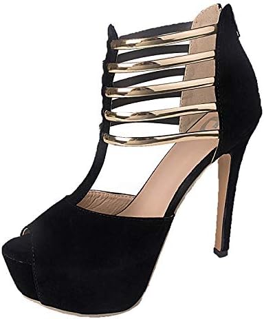 Figoo Platform Pump High Heels Black Peep Toe T-Strap