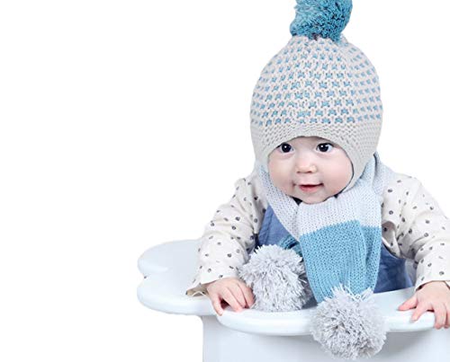 Baby Beanie Earflaps Hats Set Winter Warm Knitted Infant Toddler Earcuff Caps Scarf Soft Cute Skull Caps Newborn Pom Pom Hat Bonnet Headwear Hood Neck Warmer for Baby Girl Boy 5-12 Months