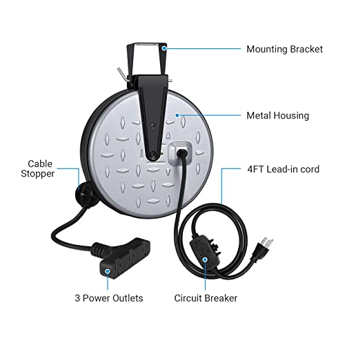 DEWENWILS Metal Extension Cord Reel,30FT Retractable Extension Cord