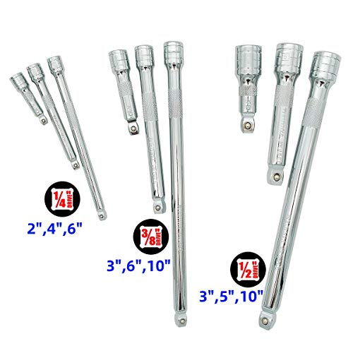 Wobble Socket Extension Bar Set 9Pcak, 1/4",3/8" and 1/2" Drive