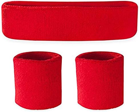 Sweatband Set - (1 Headband and 2 Wristbands) Cotton for Running Cycling Tennis Football Basketball and All Sports (Red)
