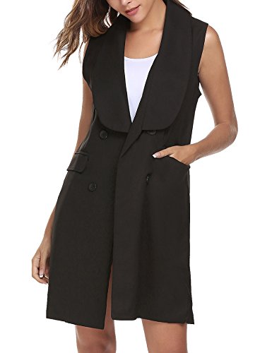 Zeagoo Womens Sleeveless Double Breast Long Slim Fit Blazer Suit Vest w/ Pocket Black/M