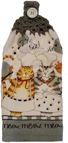 Designs from the Heart Handcrafted Grey Crochet Topped Cat Chef Theme Kitchen Towel