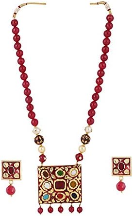 Traditional Navratan and Maroon Onyx Beads Necklace Choker Chain Jewelry with Earring Stud Jewelry Fashionable for Women and Girls by Aradhya