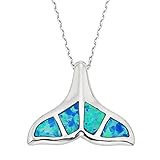 Sterling Silver Created Blue Opal Whale Tail Pendant with 18" Chain