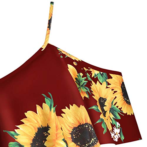 Womens Cold Shoulder T-Shirts Plus Size Sunflower Short Sleeve Casual Ruffles Tunic Tops Blouse Red