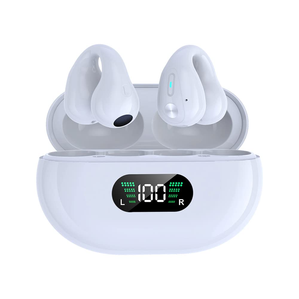 SLuB Open Ear Bone Conduction Headphones, Clip On Earphones, Bluetooth 5.3 Sports Headset, Built-in Microphone, IPX5 Waterproof, Suitable for Outdoor, Fitness, Running (White)