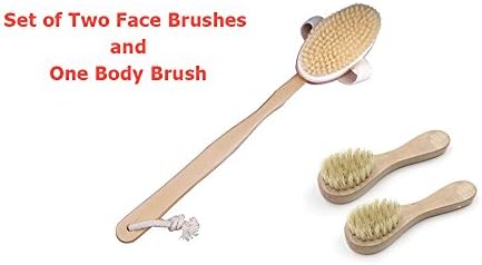 3 in 1- Natural Bristle Wooden Bath Body Brush for Wet or Dry Brushing with Long Detachable Handle- 2 Face Brush for facial cleaning- Ideal for Cellulite Reduction,Skin Exfoliation, Bath and shower