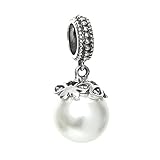 Queenberry Sterling Silver White Simulated Pearl Dangle Pendant Bead for European Charm Bracelets