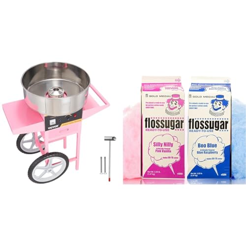 VBENLEM Commercial Cotton Candy Machine with Cart (New Version), Electric Floss Maker with Stainless Steel Bowl & Concession Essentials - CE Floss Sugar -2pk Cotton Candy Floss Sugar 2 Pack