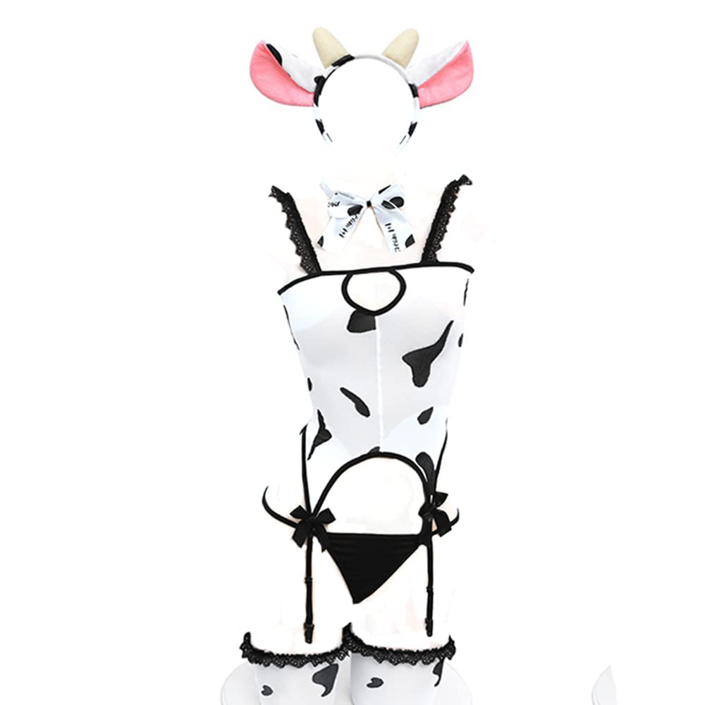 JasmyGirls Womens Sexy Maid Cosplay Lingerie Furry Milk Cow Costume Kawaii Anime Bikini Set Mini Leopard Bra and Panty Outfit (White1)