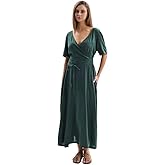 Amazhiyu Womens Linen Short Sleeve V Neck Wrap Maxi Dress Belt Tie with Pockets