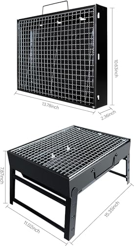 BBQ Barbecue Grill, Portable Folding Charcoal Barbecue Desk Tabletop Outdoor Stainless Steel Smoker BBQ for Picnic Garden Terrace Camping Travel 15.35''x11.41''x2.95'' (Black)